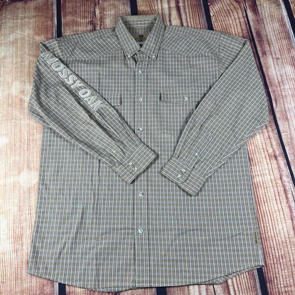 Mossy Oak Shirt Mens Large Brown Button Plaid Long Sleeve Embroidered Logo Spell - Picture 1 of 9